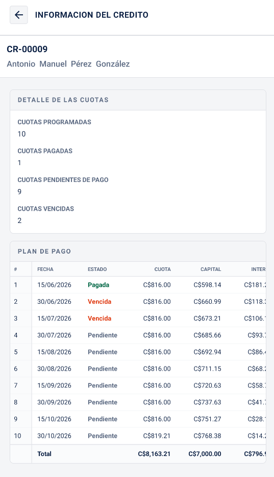 Pantalla de la aplicación móvil